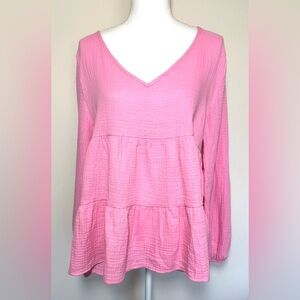 BiBi Pink Tiered V-Neck Boho Top 100% Cotton Gauze Women Medium